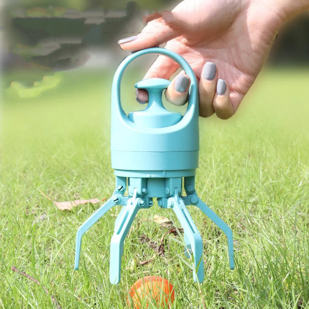 Blue plastic dog pooper scooper with claw mechanism and built-in bag dispenser
