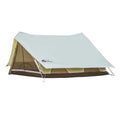 Large light luxury family camping tent in ivory white with cotton-polyester outer and aluminium poles set up outdoors