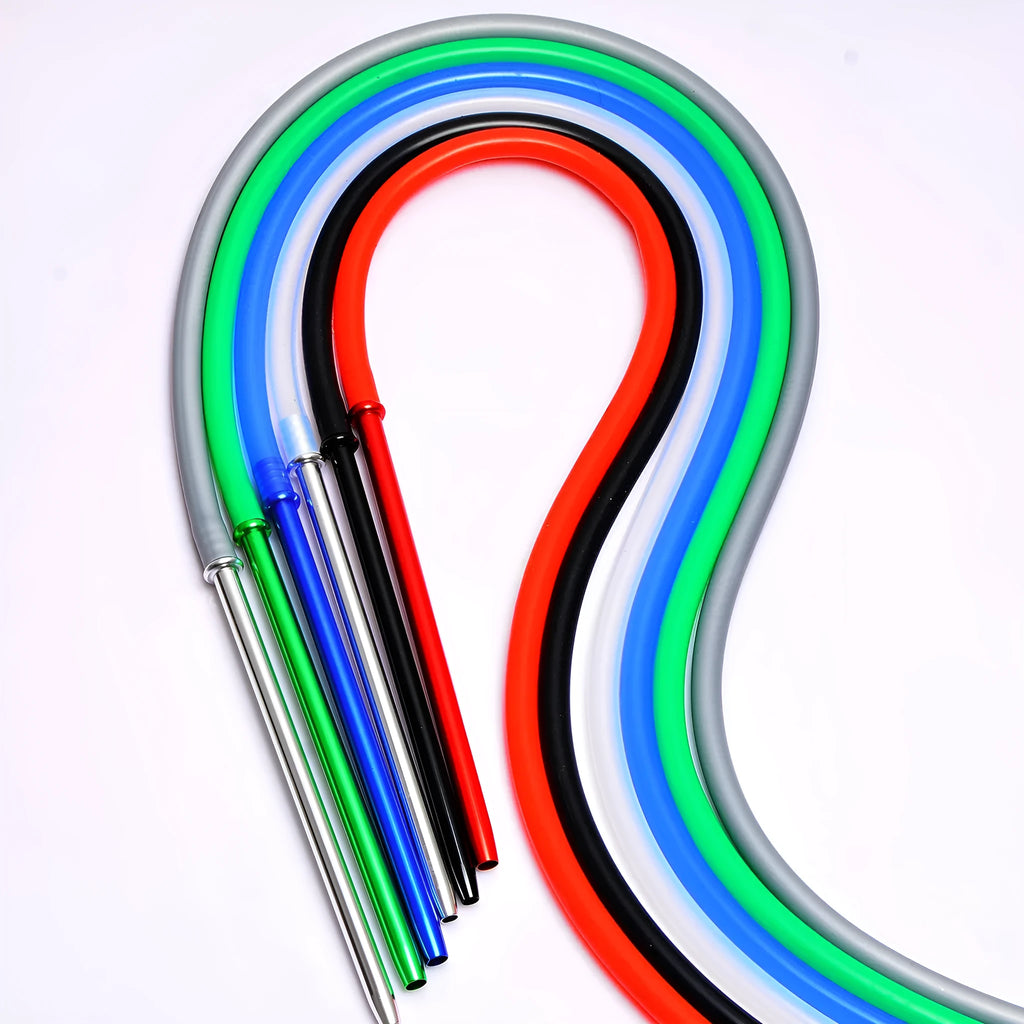Silicone hookah hose with aluminium fittings in multiple colour options including red, blue, green, black, silver grey, and clear.