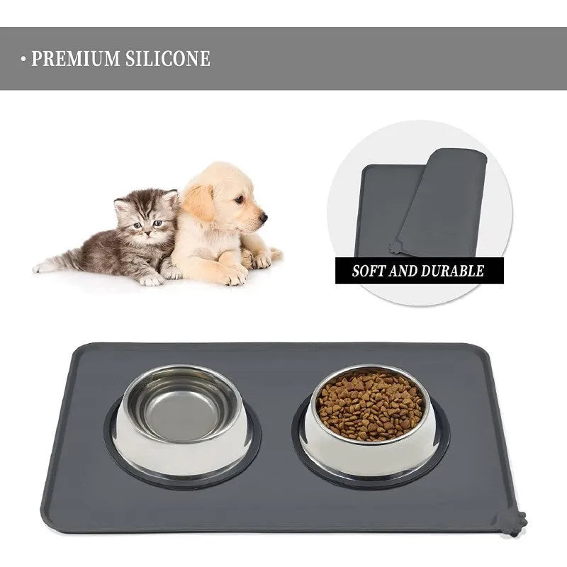 Silicone pet food placemat with non-slip backing in various colours for dogs and cats.
