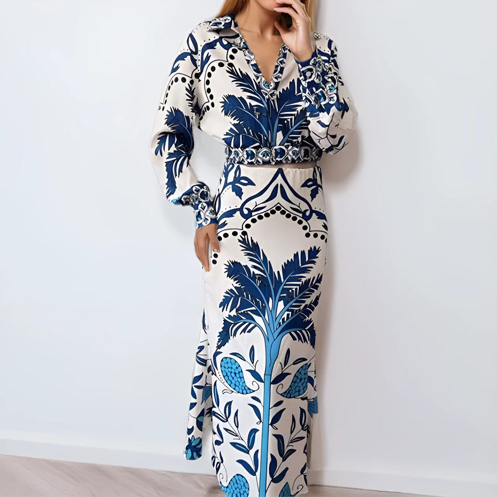 Women's early spring flower print casual two-piece set with long sleeves and long skirt