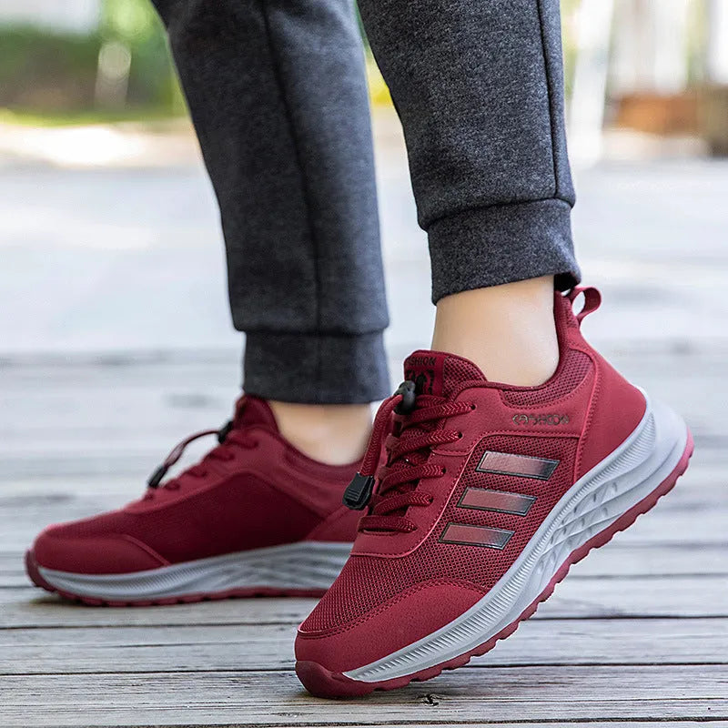 Men's and women's breathable mesh mom shoes with elastic band in black, dark grey, purple, and purplish red colours