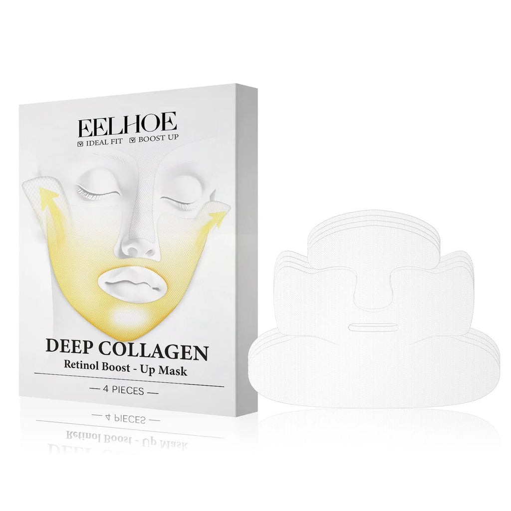 Collagen tightening facial mask pack containing four pieces measuring 23.5cm by 16.8cm