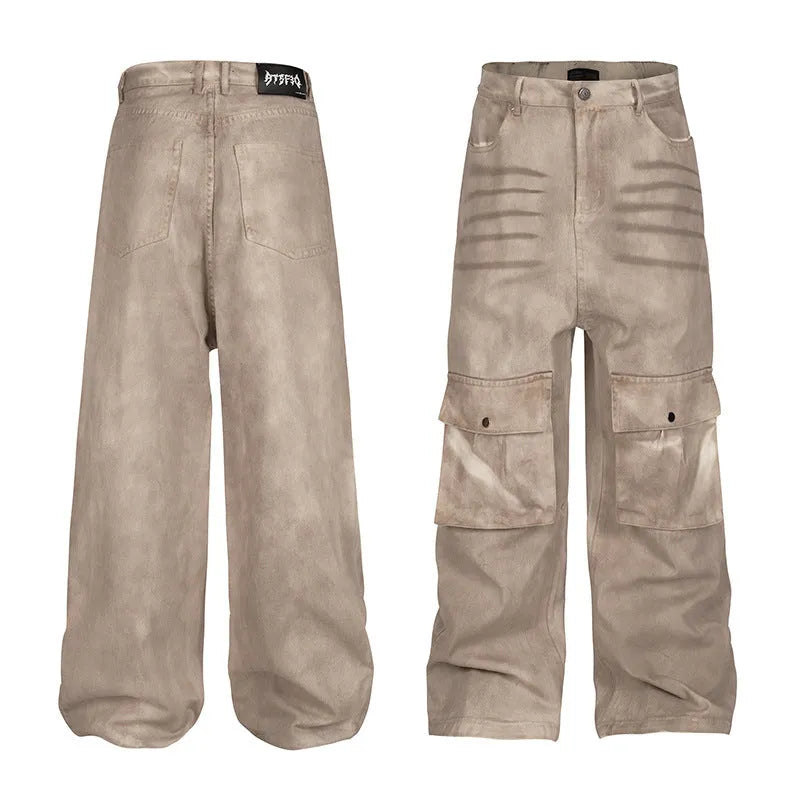 Dark marble loose A-line casual trousers with straight leg design and pure cotton denim fabric