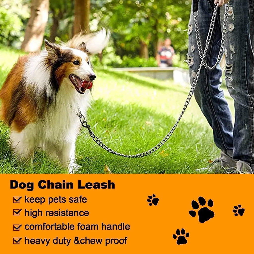 Heavy duty metal dog chain leash with a soft black padded handle, shown at full 120cm length.