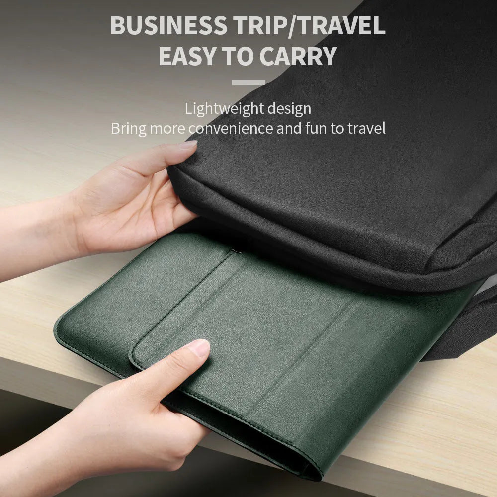 Three-in-one laptop bracket bag with wrist splint and storage liner for MacBook Pro Air, imitation leather and plush, black