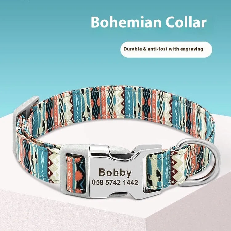 Striped canvas dog collar with adjustable semi-metal buckle in bohemian blue colour