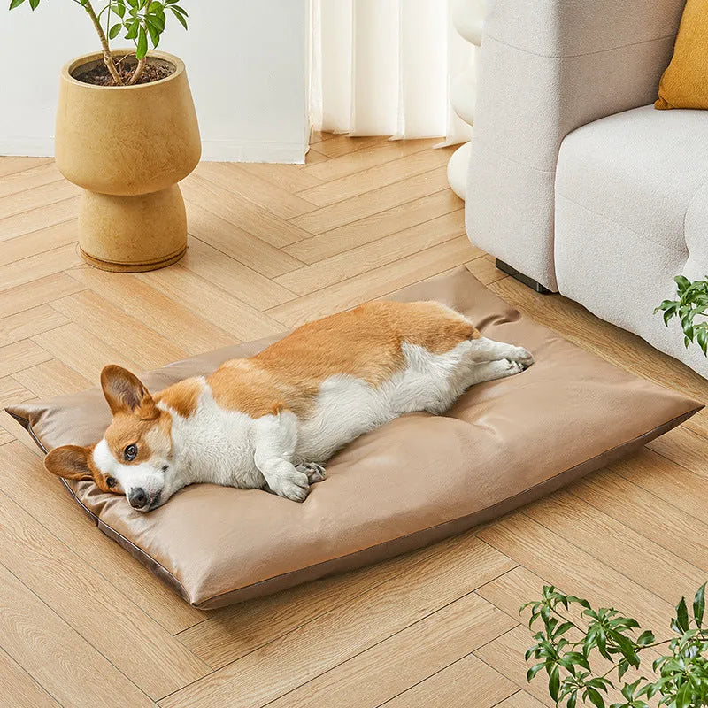 Blue and coffee coloured summer cooling pet bed for cats and dogs shown in four different sizes