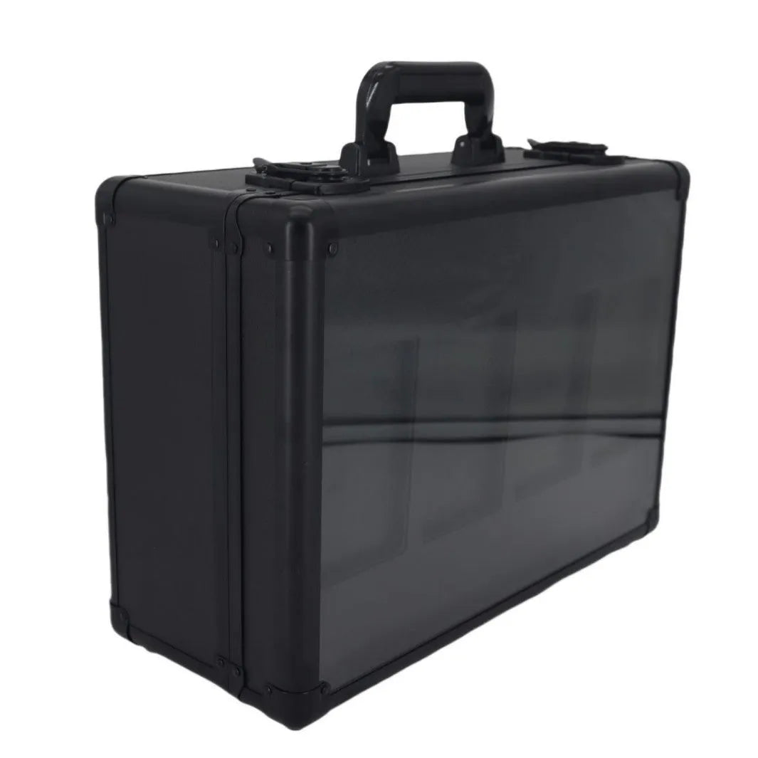 Black aluminium alloy three-slot portable magnetic brick storage box for PSA and BGS trading cards with handle