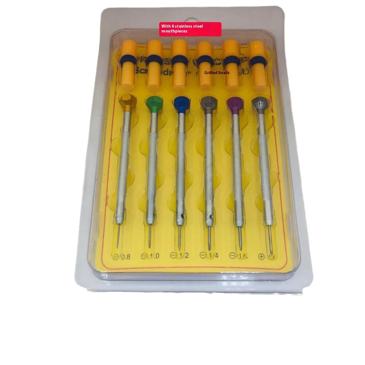 Six colour-coded watch repair screwdrivers with aluminium handles arranged in a set.