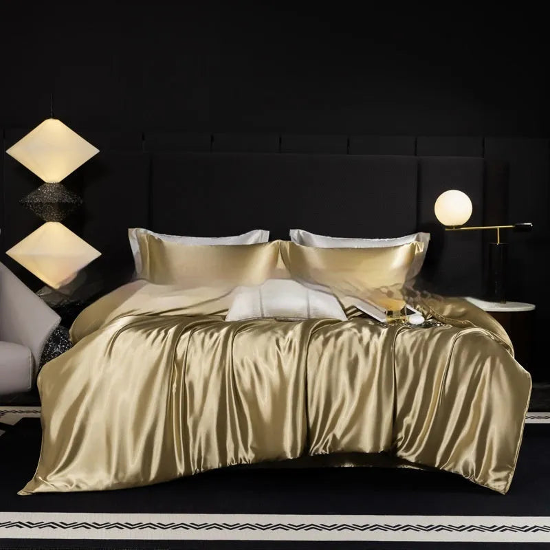 Solid colour silk bed sheet four-piece set in a modern bedroom setting, showing one of seven available colour options.