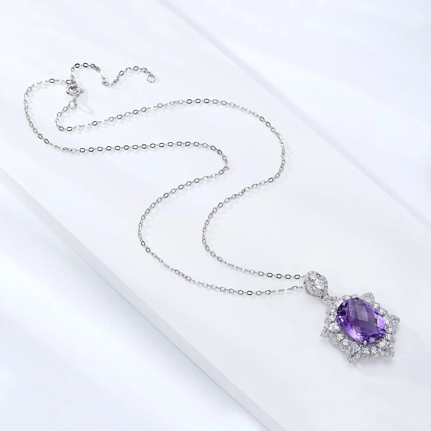 Natural amethyst necklace in 925 silver, geometric pendant, chain length 40+5cm, white silver colour