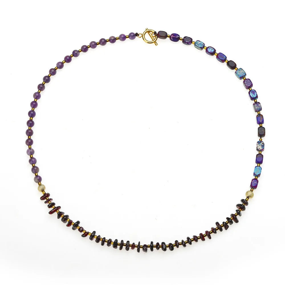 Purple amethyst round bead bracelet with geometric garnet accents, handmade stone jewellery