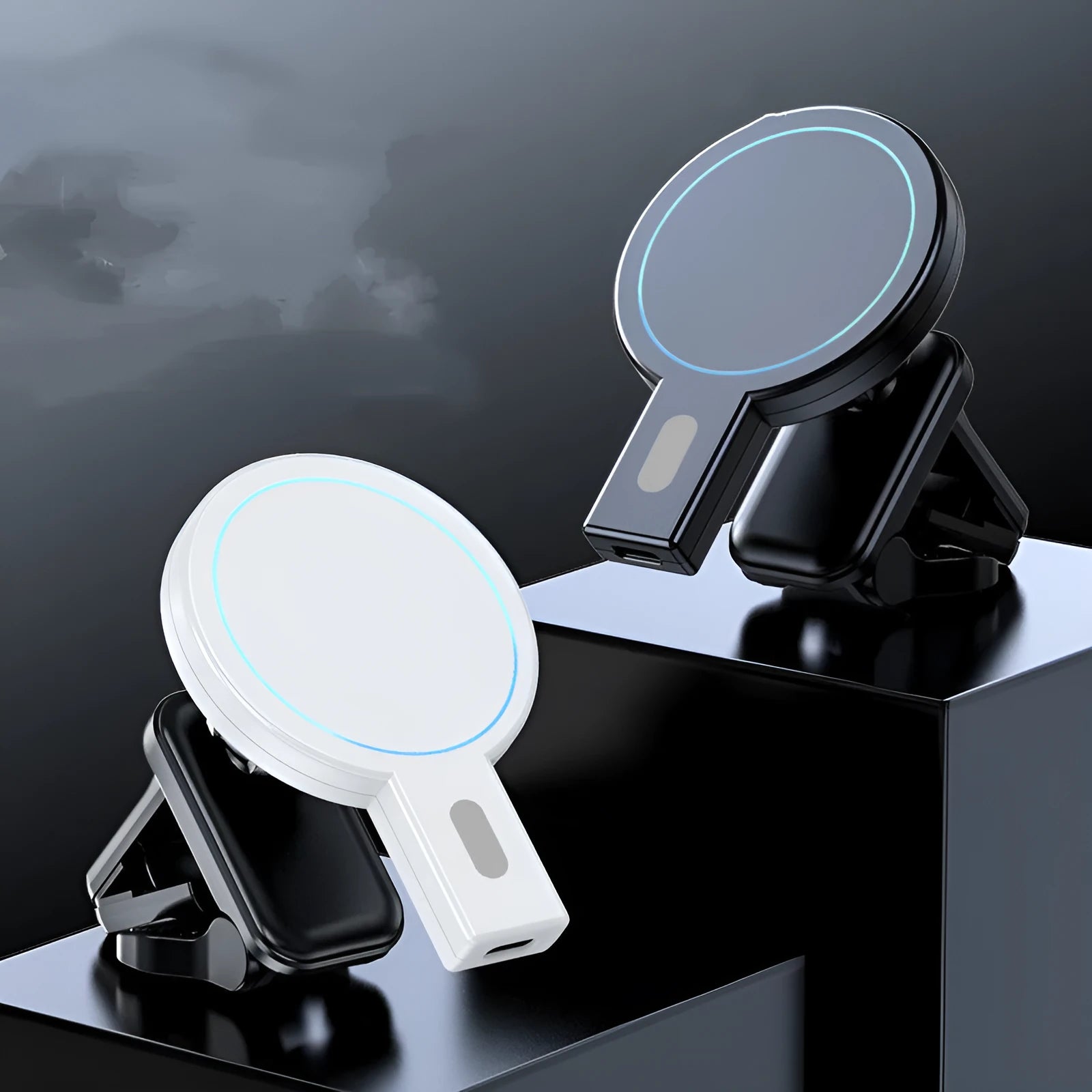 White foldable magnetic wireless charger showing dual charging coils and compact folded dimensions