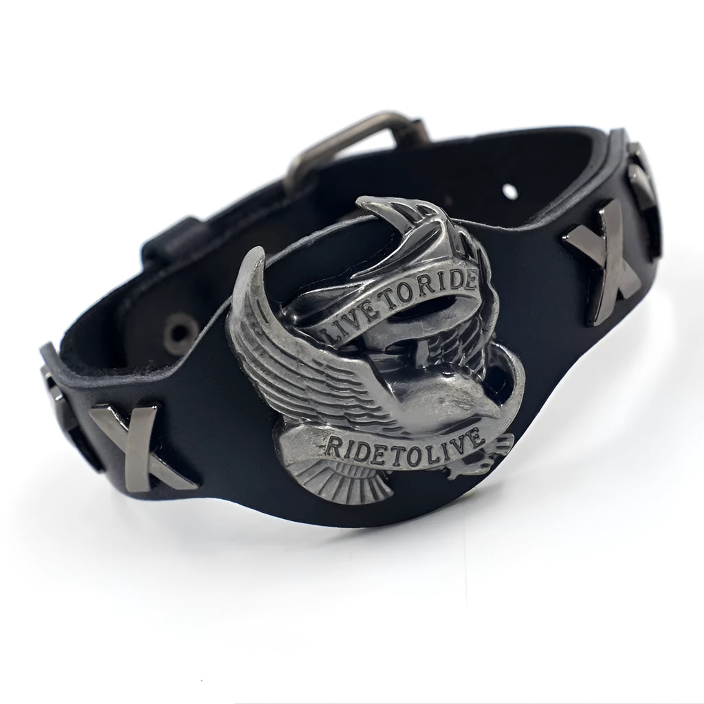 Black leather bracelet with eagle alloy watch-buttom clasp showing geometric shape