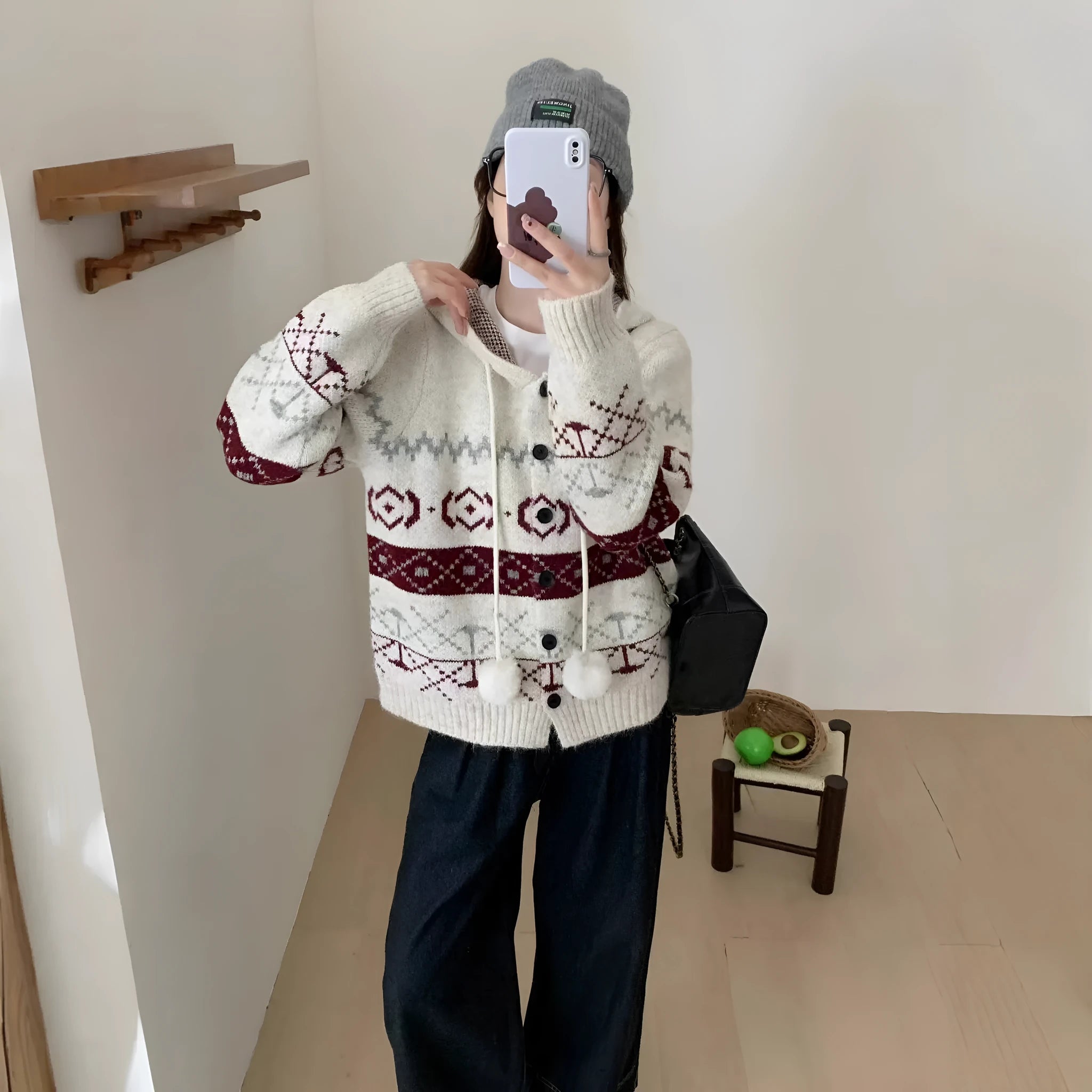 Geometric pattern brocade sweater coat for plus size women in milky white colour
