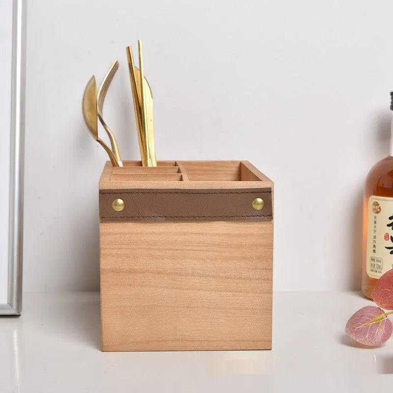 Wooden kitchen storage box with divider grid for knives forks chopsticks