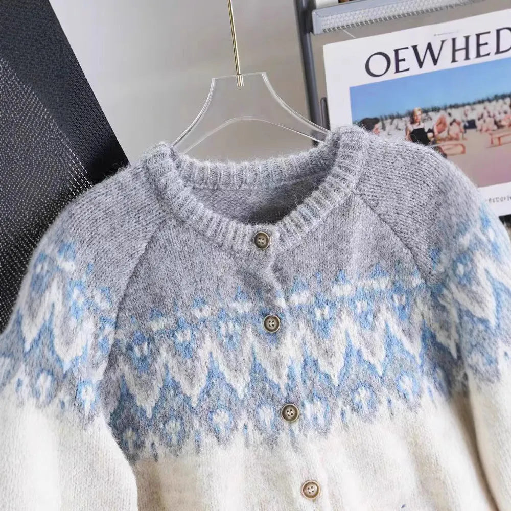 Women's loose fit jacquard sweater coat in milky white, brown or navy blue with long sleeves