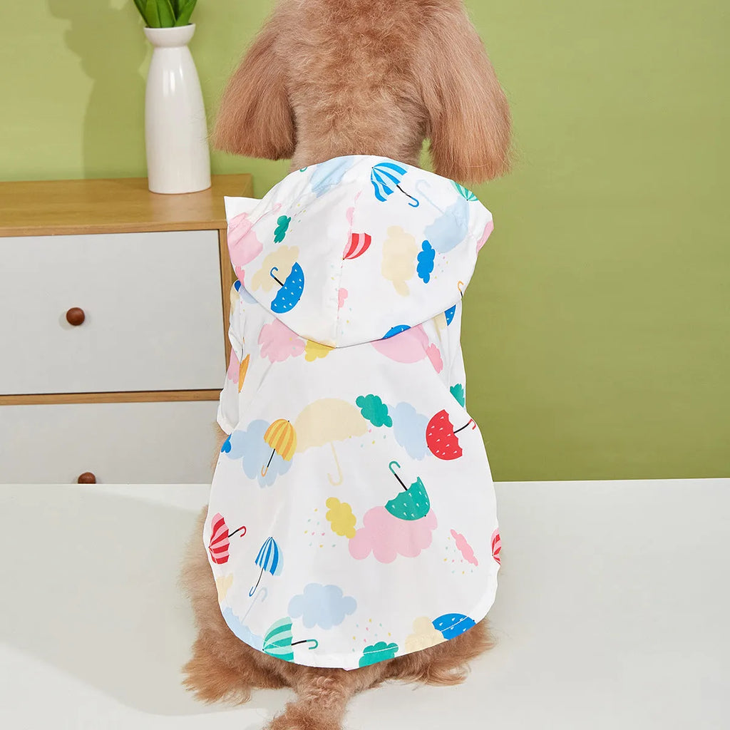Colourful cartoon umbrella pattern polyester raincoat for a dog, sizes XS to XL.