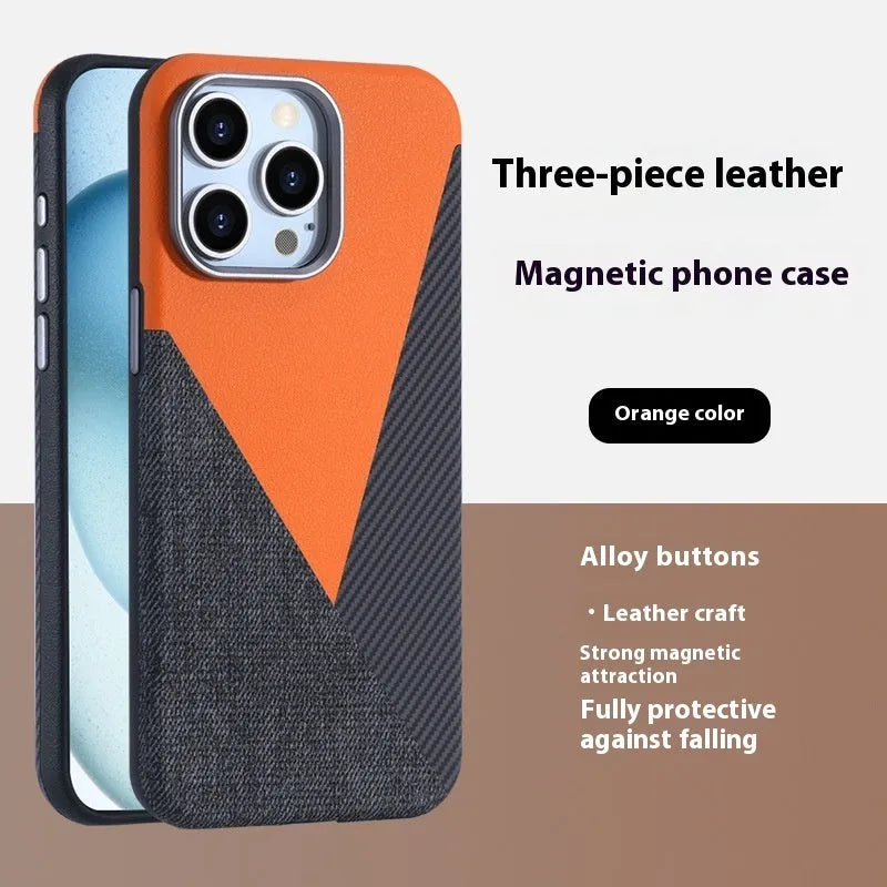 iPhone 15 Pro magnetic phone case with three-combination pigment leather finish in sapphire blue