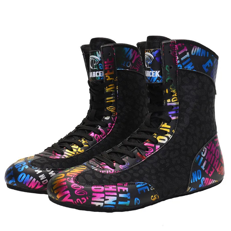 Unisex high-top mixed combat training shoes with mesh and leather upper in black gold colour.