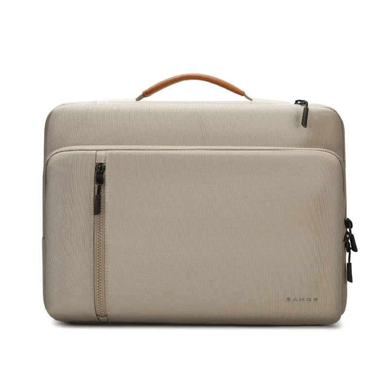 Khaki nylon laptop sleeve with zip closure and visible sewing lines next to a 14-inch notebook