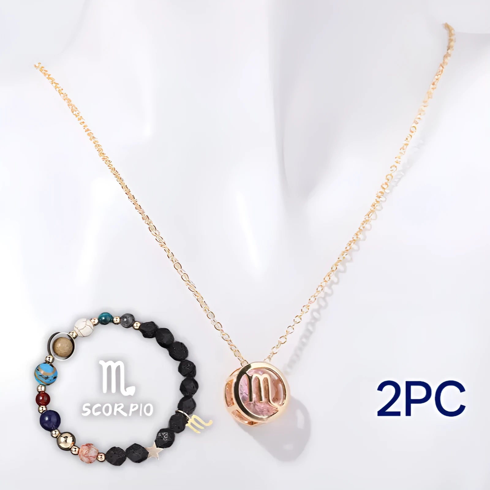 Natural stone beaded necklace and matching bracelet set on a neutral background.
