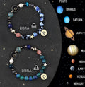 Two natural stone bead bracelets with adjustable cords, showing zodiac sign styles on a wooden surface.