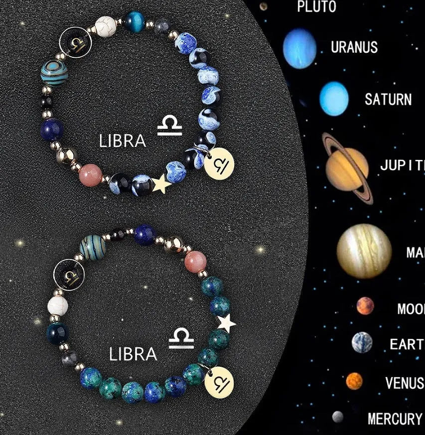 Two natural stone bead bracelets with adjustable cords, showing zodiac sign styles on a wooden surface.