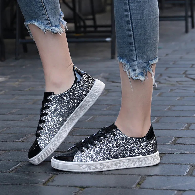 Women's black pink gold sequin casual shoes with round toe and lace-up closure