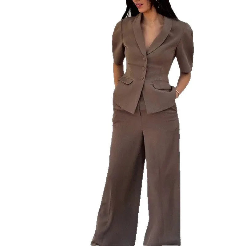 Brown men's two-piece formal suit with slim fit waist and long sleeves.