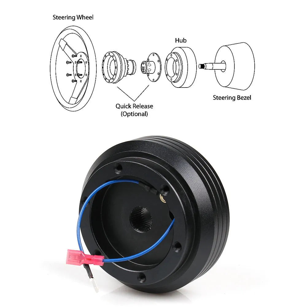 Black steel steering wheel boss kit for Honda Civic EK and EG models, with broad Acura and Honda compatibility.