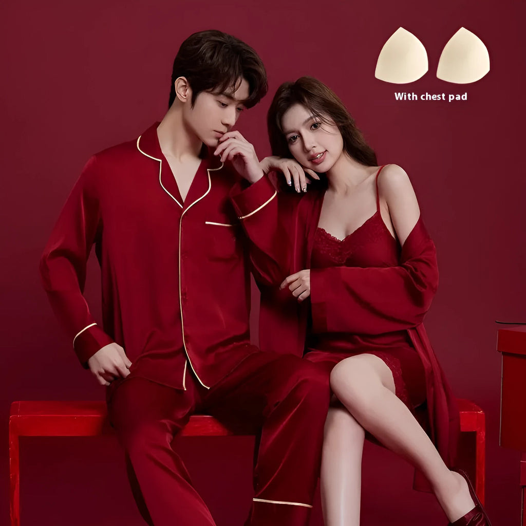 Red silk matching men's and women's pyjama set with long sleeves and trousers