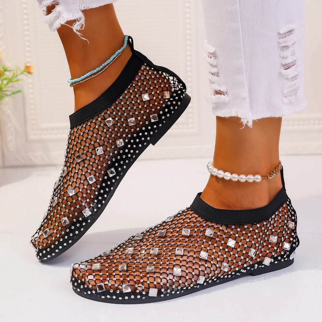 Women's colourful mesh flat sandals with rhinestone decoration and rubber sole