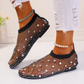 Women's colourful mesh flat sandals with rhinestone decoration and rubber sole