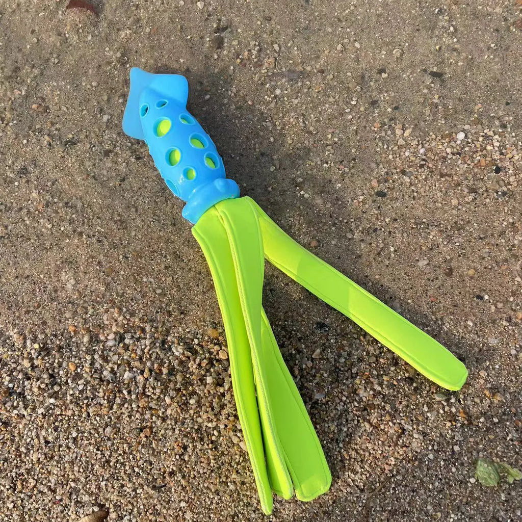 Blue cuttlefish-shaped squeaky dog chew toy, approximately 39cm long, made from rubber and cloth.
