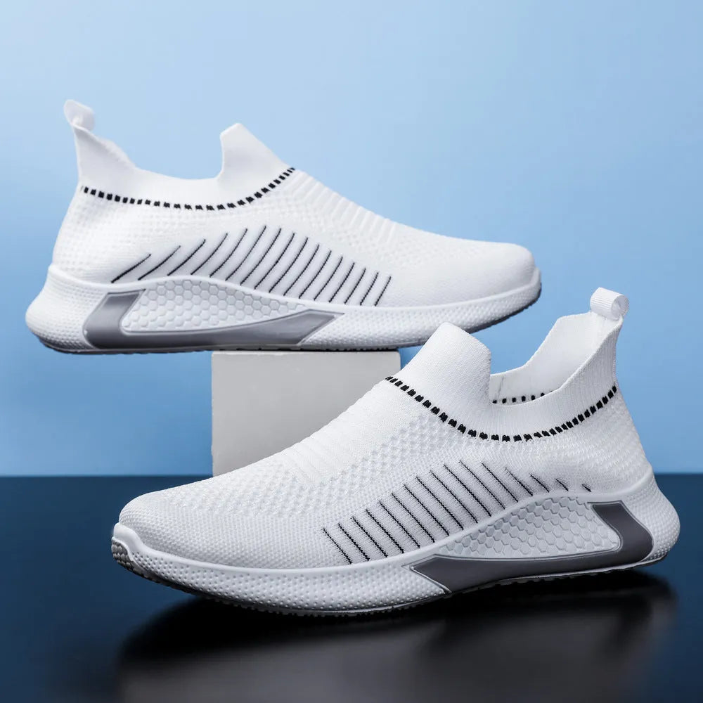 Men's striped mesh sock shoes with flyknit upper and plastic sole in black, black white, or white colour options