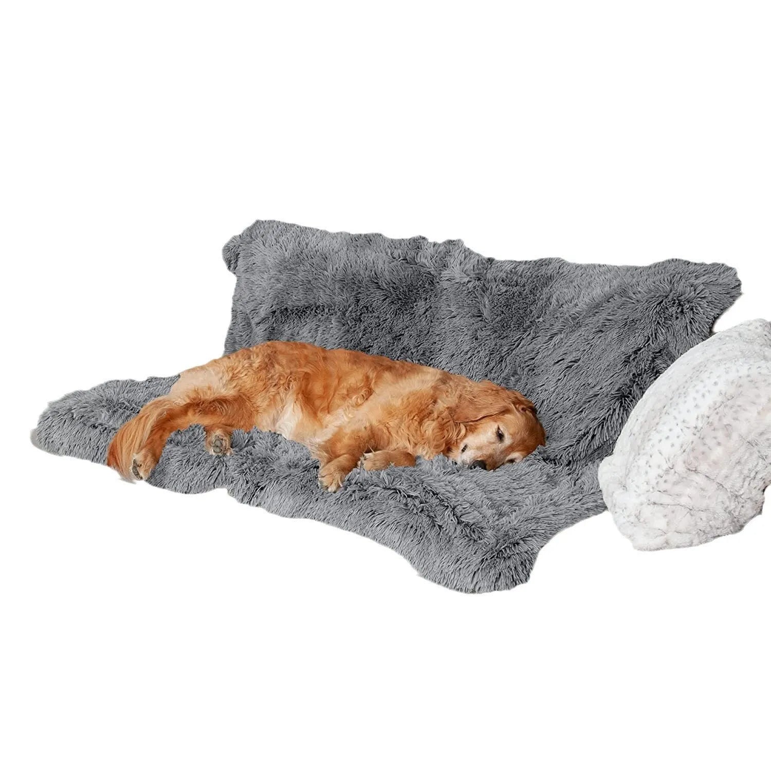 Plush waterproof dog cushion in grey colour showing double-layer thickness