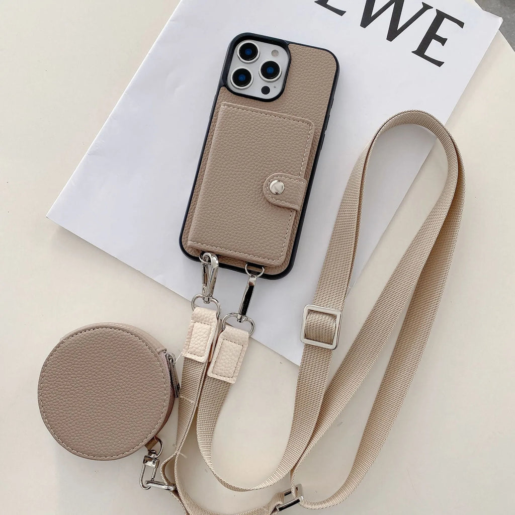 Black PC leather card holder phone case for iPhone with wrist lanyard attached.