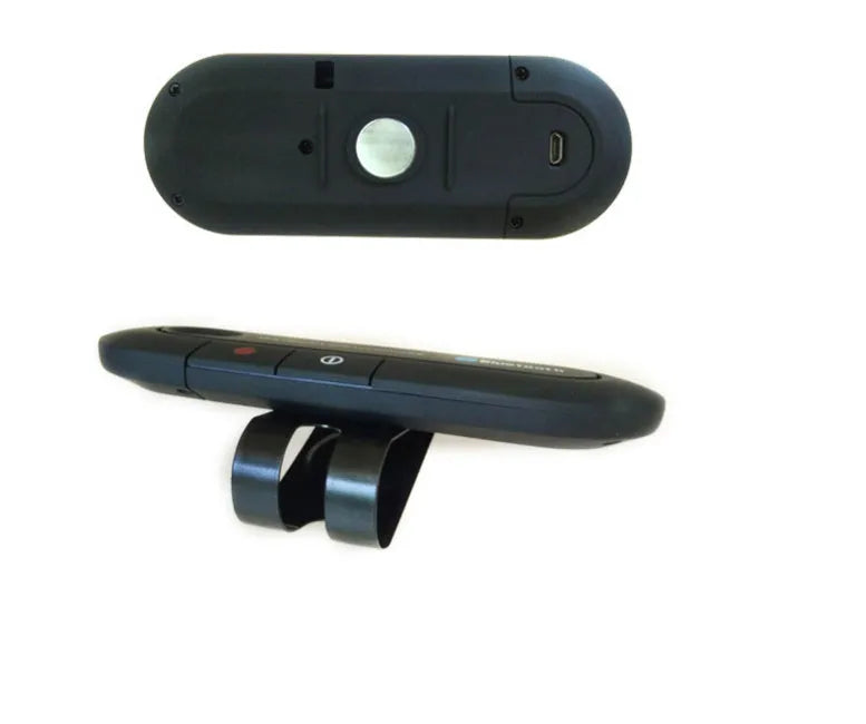 Black vehicle-mounted Bluetooth handsfree device clipped to car sun visor with car charger cable