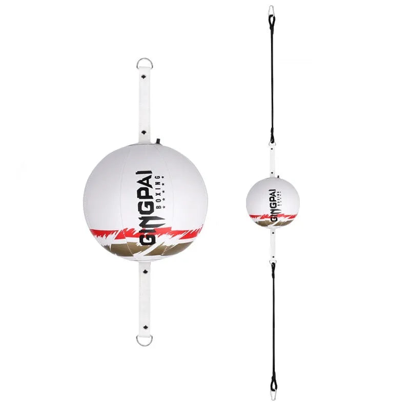 Black hanging PU speed ball for boxing and reaction training equipment.