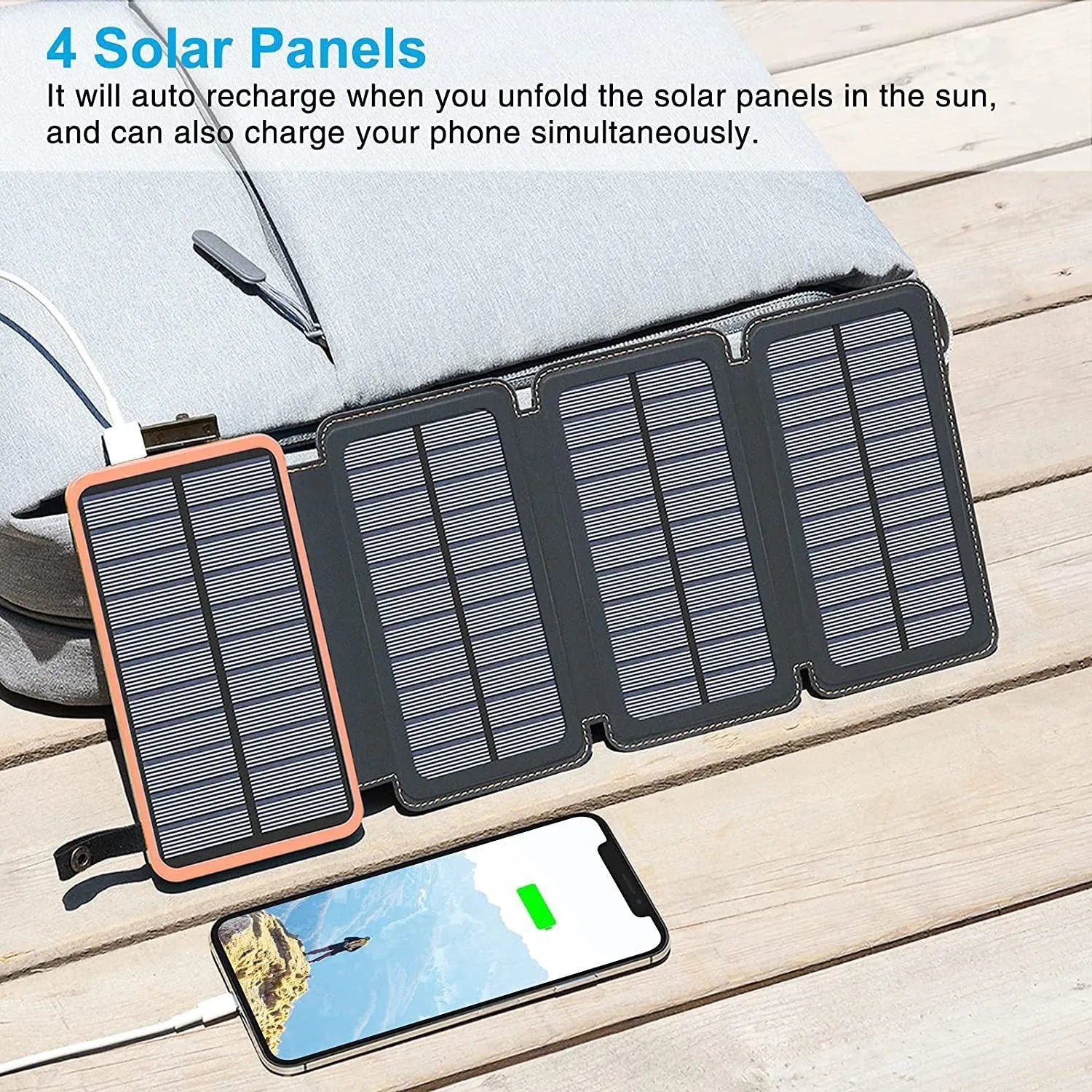 Outdoor solar phone charger power bank with solar panel and LED light in blue colour