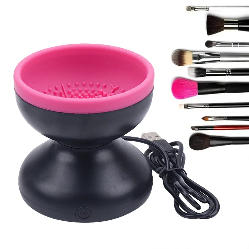 Electric makeup brush cleaner machine with ABS silicone body and compact 9 x 8.8 cm size in Black Rose Red