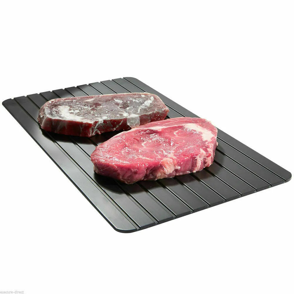 Black aluminium fast defrosting tray for kitchen use measuring approximately 23cm by 16.5cm