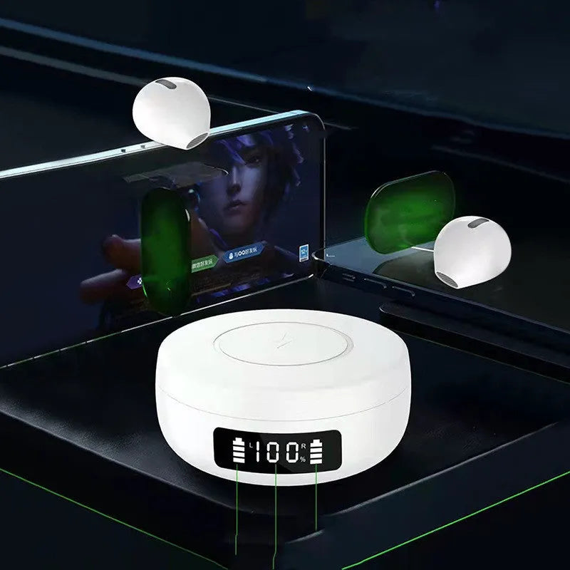 Mini black and white semi-in-ear wireless headphones with a compact charging case.