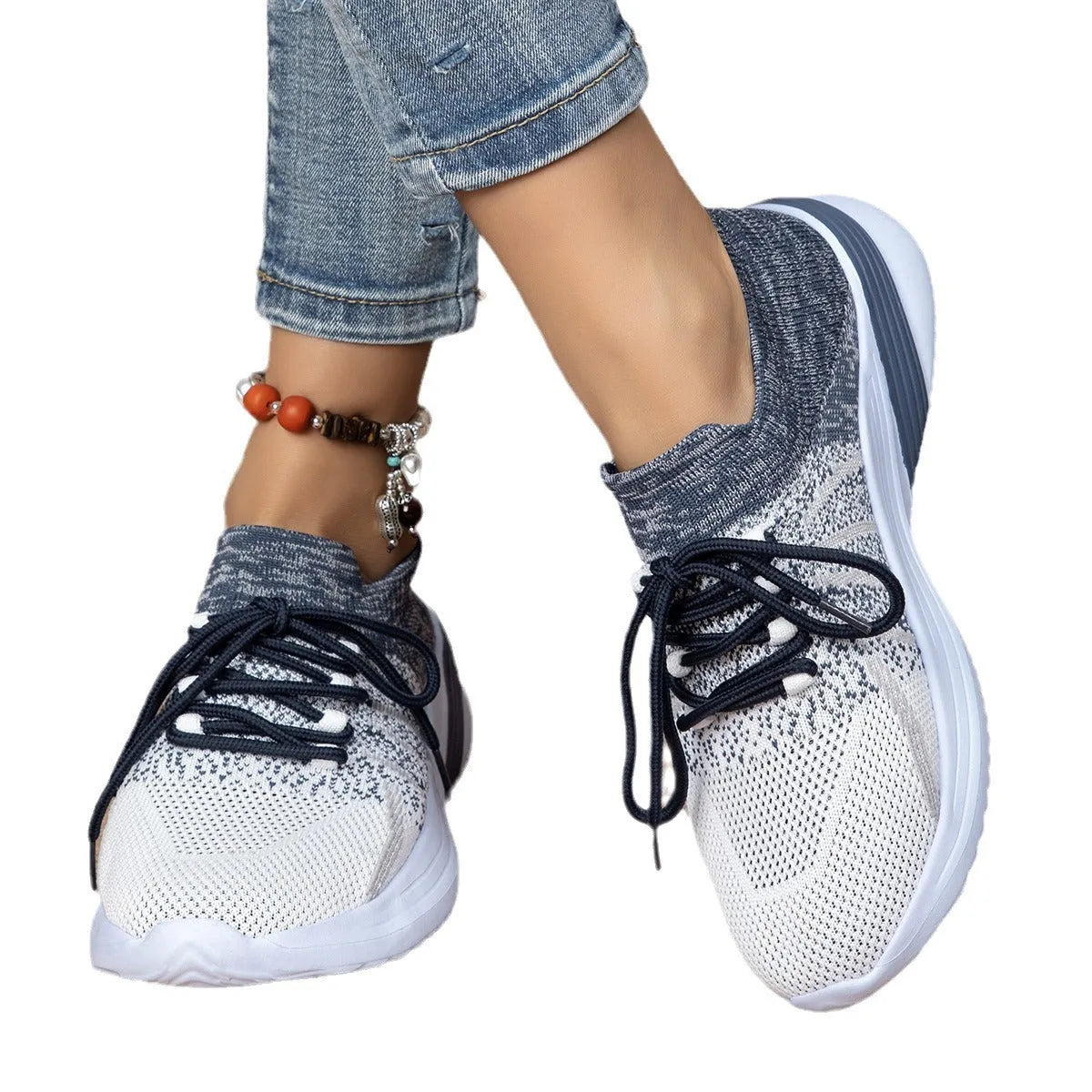 Women's lace-up breathable mesh sports shoes in colour-block design for running and walking