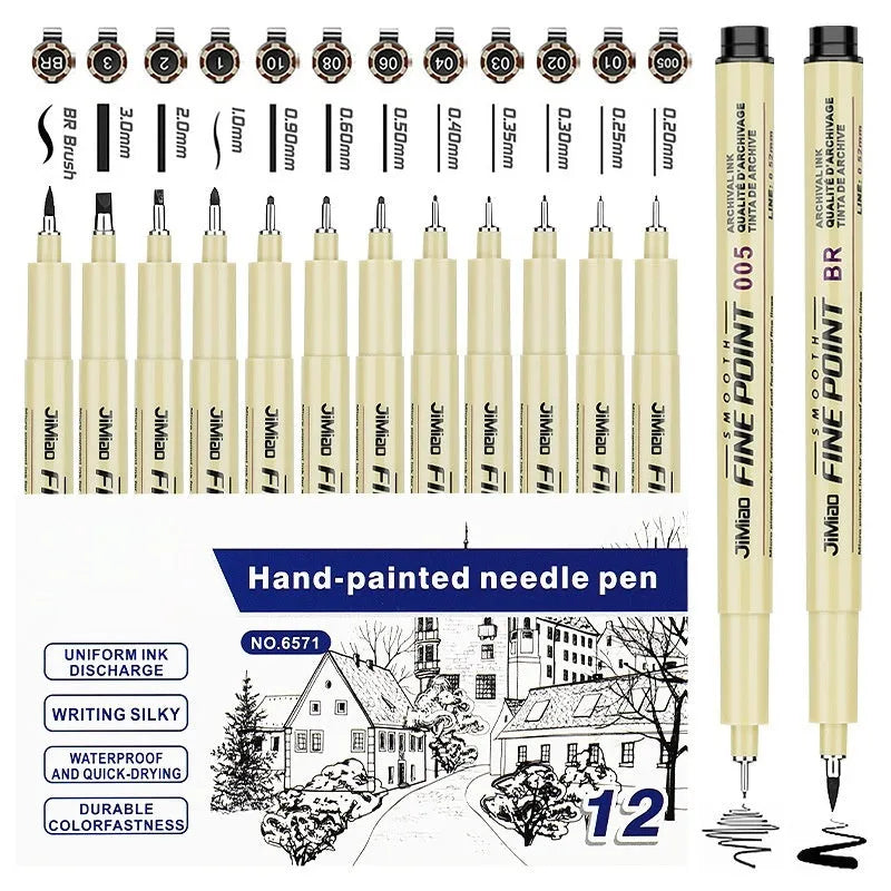 Waterproof needle pen with black ink and hook line art cartoon design on 133mm plastic body