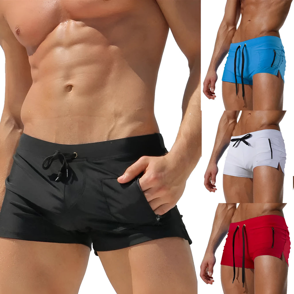 Men's black polyester swimming trunks with high-waist design and lace-up closure