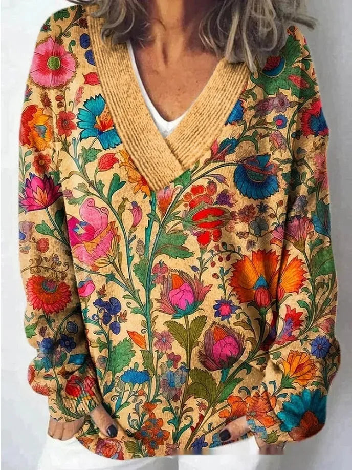 Women's V-neck sweatshirt with 3D floral pattern print in art retro style