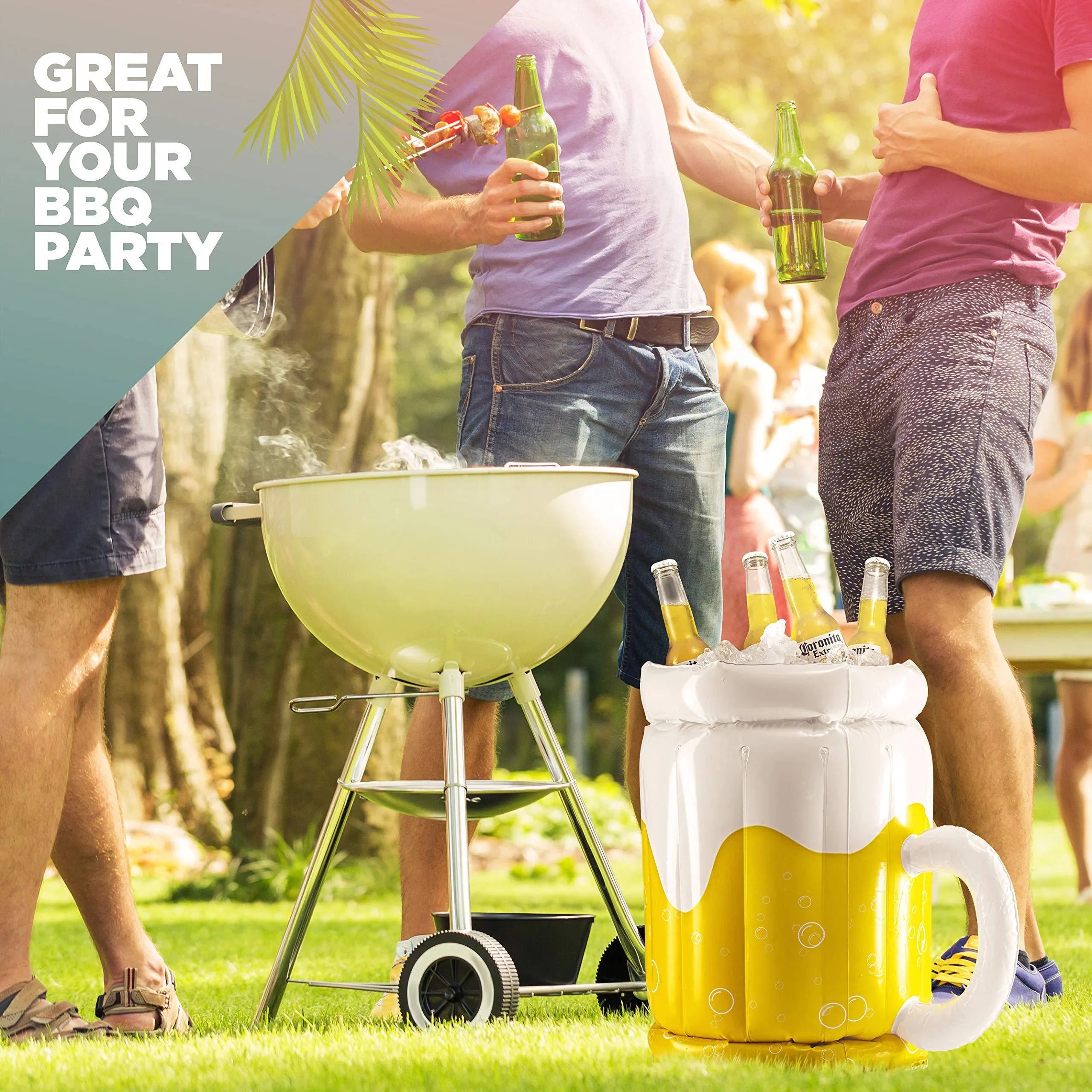 Large yellow inflatable beer mug drink cooler floating in a swimming pool.